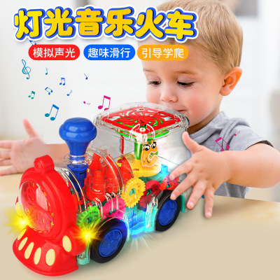 Tiktok Same Electric Universal Walking Transparent Train Gear Car Colorful Light Music Toy Stall Hot Sale