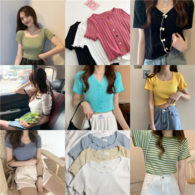 2022 Summer New Women's Knitted Short-Sleeved Inventory Sweater Bottoming Top Factory Tail Goods Foreign Trade Stall Wholesale
