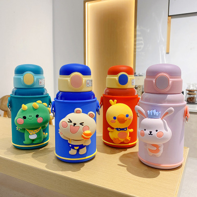 Steel Calling Kettle Children's Thermos Mug Cartoon Strap Silicone Cup with Straw Student Water Cup Insulation Pot
