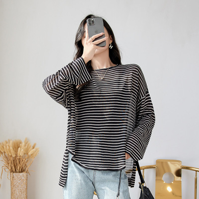 2022 New Striped Sweater Loose Cool Inner Wear Blouse Design Sense Split Long Sleeve Thin round Neck Sweater