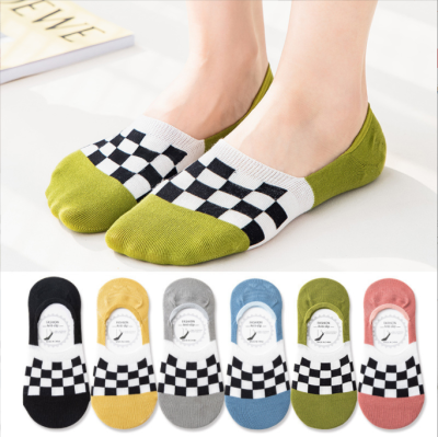 2022 Women's Invisible Socks New Chessboard Plaid Invisible Female Socks Avocado Silicone Non-Slip Short Cotton Socks