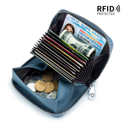 Wholesale Genuine Leather RFID Japanese Coin Purse Zipper Card Holder for Women Expanding Card Holder Large Capacity