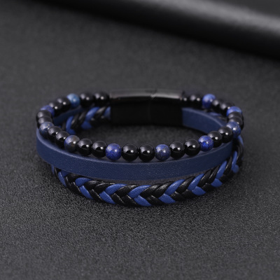 Volcanic Rock Lapis Leather Bracelet Stainless Steel Leather Braided Bracelets Multi-Layer Men's Titanium Steel Jewelry