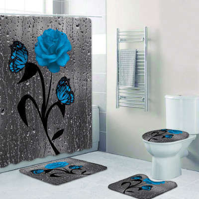 Blue Rose Water Bead Butterfly HD Digital Printing Waterproof Shower Curtain Toilet Three-Piece Set