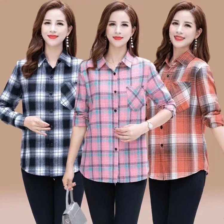 春秋妈妈衬衫时尚40中年女士含棉上衣格子衬衣中老年人女长袖外套