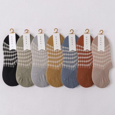 Summer New Thin Type Invisible Socks Japanese Low-Cut Small Plaid Silicone Women's Socks Retro College Style Short Socks