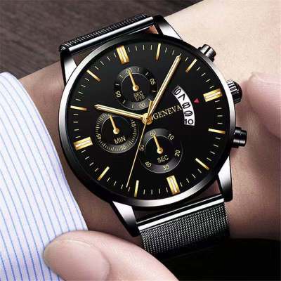 Cross-Border New Arrival Blue Men's Mesh Strap Wrist Watch Men's Quartz Calendar Watch Fashion Business Watch in Stock Wholesale