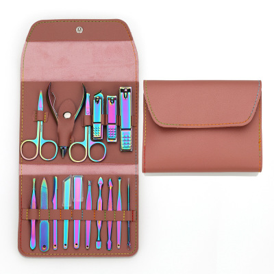 Factory Magic Color Nail Clippers Set 16 Pieces Manicure Implement Manicure Tools Double Scissors PU Leather Folding Bag in Stock