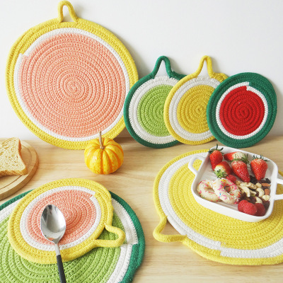 New Household Kitchen Unit Fruit Series round Cotton String Woven Placemat Placemat Heat Proof Mat Coaster Potholder