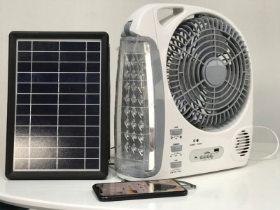Fan with Lithium Battery. Charged by Electricity and Solar Panels. with LED Lights and Power Bank