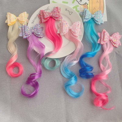 Cross-Border Children's Gradient Wig Bow Hairpin Headdress Girls Long Hair Decoration Hairpin Braided Hair Color Hair Accessories