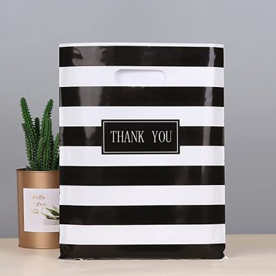 12*15Inch Customizable Size Logo Black and White Striped Printing Shopping Portable Gift PE Plastic Commodity Bag