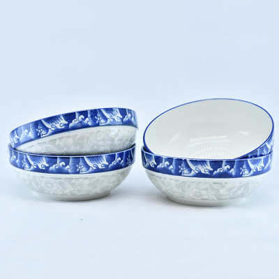 4 Pack 8-Inch Blue and White Porcelain Bowl Factory Wholesale Noodle Bowl Soup Bowl Commercial Wholesale Household Porcelain Bowl Wholesale Set