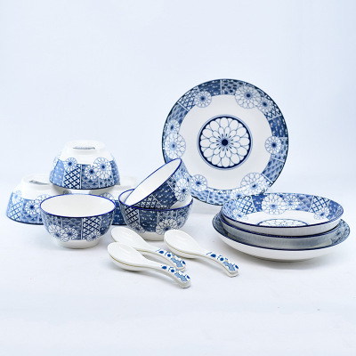 16-Head Blue and White Porcelain Bowl and Dish Set Plate and Bowl Wholesale Large Wholesale Restaurant Household Bowl Dish Plate Full Set Wholesale