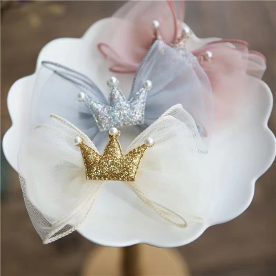 Children's Mesh Bowknot Barrettes Girls Sweet Princess Crown Pearl Top Clip Headdress