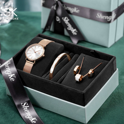 Shengke Women's Watch Gift Box Live Set Affordable Luxury Fashion Mesh Belt Elegant Graceful Women's Watch K0093