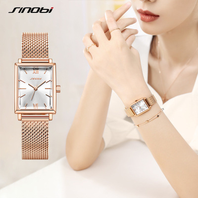 Sinobi Small Square Plate Business Women's Watch Women's Rose Gold Mesh Belt Light Luxury Temperament Women's Watch Cross-Border Wholesale 9849