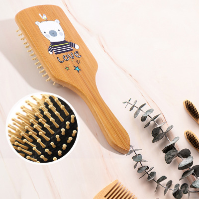 Factory Cross-Border Wholesale Logo Wood Color Bamboo Wooden Comb Straight Hair Curls Airbag Massage Household Styling Comb