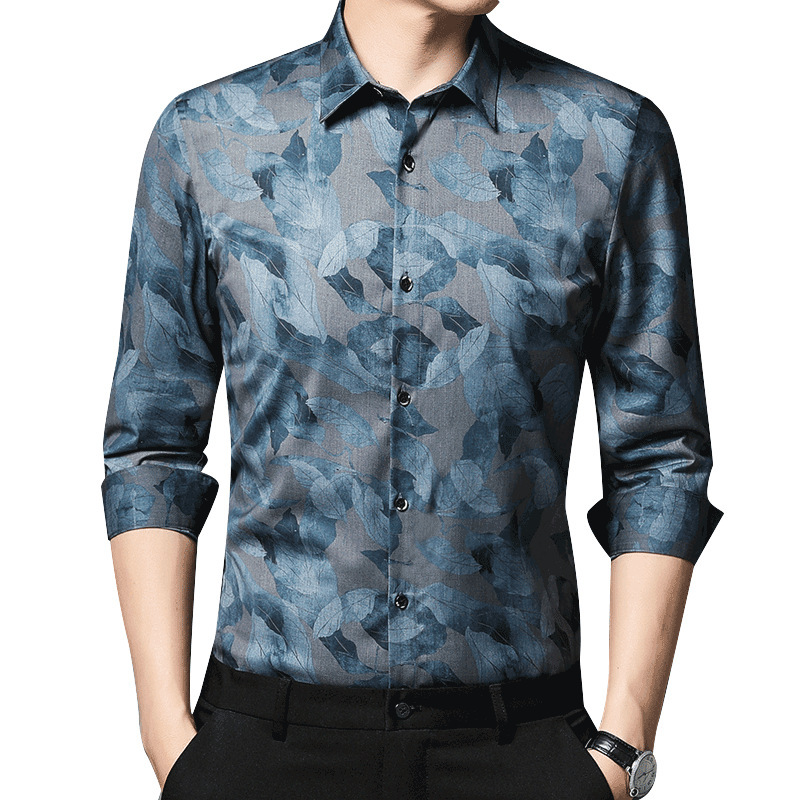 印花男士长袖衬衫正装商务休闲竹纤维百搭高档中青年男衬衫可代发