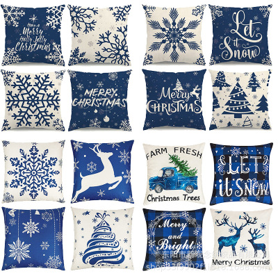 New Christmas Snowflake Blue Pillow Cover Letter Plaid Linen Digital Printing Cushion Cover Cross-Border Hot Sale