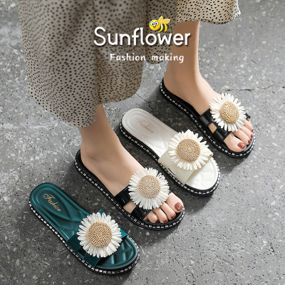 2020 Korean Style Slippers Women's Summer Wear Fashionable All-Match Sunflower Sandals Little Daisy Seaside Beach Flip-Flops