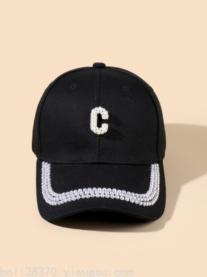 Trendy Simple Rhinestone Pearl Hand-Woven C- Shaped Women's Spring and Summer Elegant Travel Anti-DDoS Baseball Cap