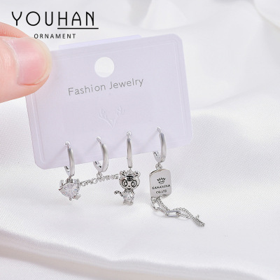 Cross-Border Supply High Sense Korean Earrings Set Simple and Light Luxury Tassel Earrings Zircon Micro Ear Clip Ear