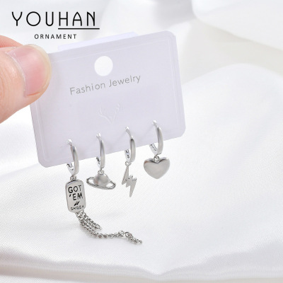 High-Grade Korean Earrings Set Simple Light Extravagant Love Heart Tassel Earrings Female Zircon Micro-Inlaid Planet Lightning