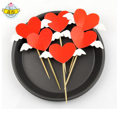 Baking Cake Inserting Card Heart Wings Wedding Dessert Table Decorative Plaque Children's Birthday Cake Decoration 6 Pieces