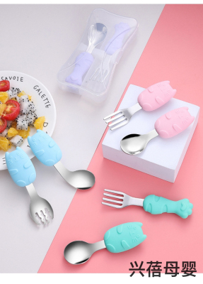Baby and Infant Children's Short Handle Fork and Spoon Set Cartoon Tableware Training Food Supplement Spoon 304 Stainless Steel Children Spoon