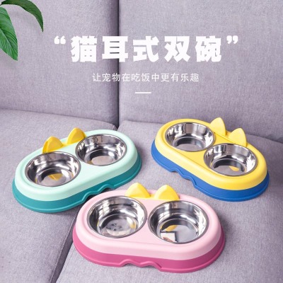 Cross-Border New Arrival Dog Feeding Stainless Steel Fish Type Double Bowl Cat Rice Basin Water Bowl Anti-Tumble Rice Basin Pet Supplies
