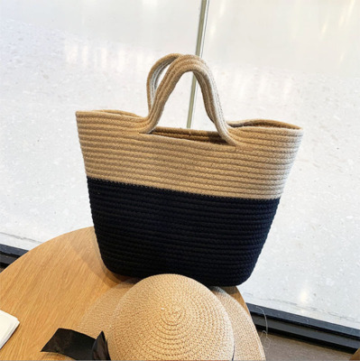 Summer 2022 New European and American Fashion Colorblock Straw Bag Cotton String Seaside Vacation Female Hand-Woven Bag