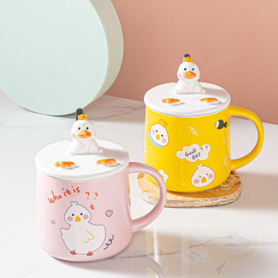 Hand Painted Spring Outing Duck Ceramic Cup with Cover Spoon Cute Mug Good-looking Design Sense Office Drinking Glass Female