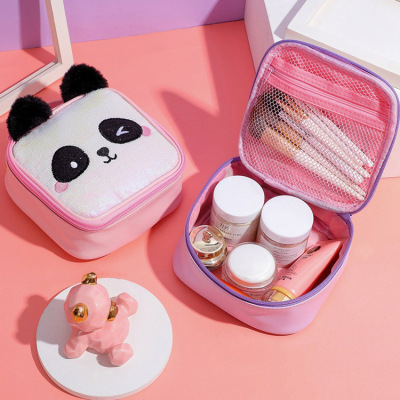 Factory Portable Pu Square Cosmetic Bag Embroidered Panda Storage Bag Portable Household Cosmetic Storage Bag