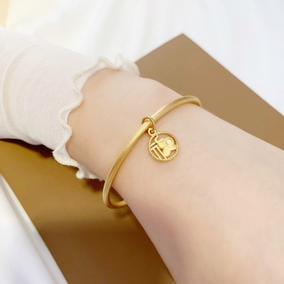 Vietnam Placer Gold Little Fuxiang Pendant Frosted Wristband Bracelet Imitation 18K Gold Ancient Heritage Simple Bracelet Thin Bracelet Female