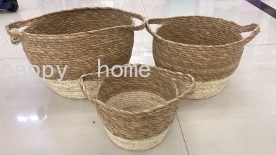 Hand-Woven Basket Double Handle Cattail Rope Storage Basket Household Office Sundries Dirty Clothes Corn Husk Woven Storage Basket