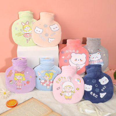 Girly Style Cartoon Pattern Portable Plush Water Injection Hand Warmer PVC Liner Explosion-Proof High Density Hot Water Bag Wholesale