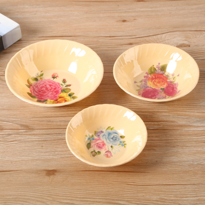 Melamine Material Household Kitchen Tableware Creative Yellowish Brown Color Printing Pattern Flat Bottom round Mouth Soup Bowl Factory Direct Sales
