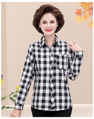 Middle-Aged and Elderly Women's Wear Long-Sleeved Shirt Button Cotton Cardigan Plaid Spring and Autumn Clothing Thin Coat Versatile Fashion