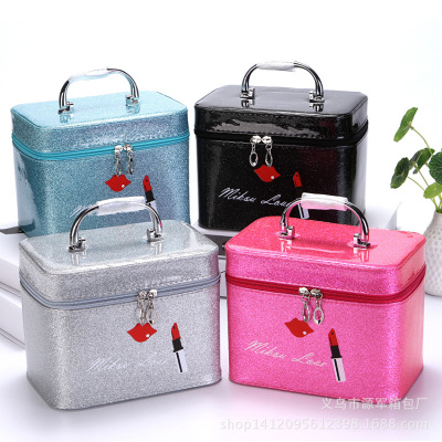 Factory Direct Sales Large Capacity Cosmetic Bag Korean Style Portable Small Cosmetic Case with Mirror Square Solid Color Gift Women's Bag