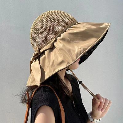 Vinyl Bow Sunhat Women's Summer Hollow-out Straw Hat UV Big Brim Face-Covering Sun-Proof Sun Fisherman Hat