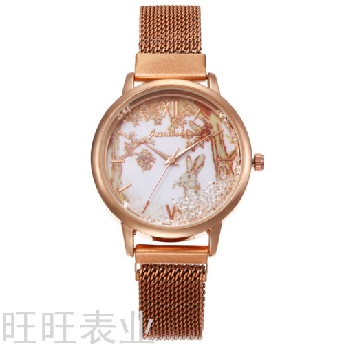 magnet fashion casual women‘s watch small ball quicksand hand-painted rabbit stainless steel mesh belt small fresh women‘s watch