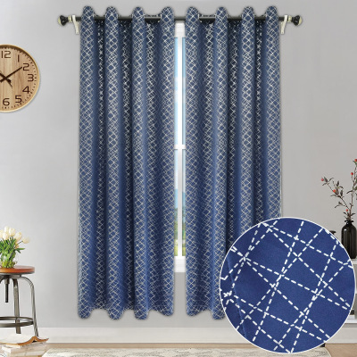 Silver Foil Printing Geometric Line Pattern Shading Bedroom Cross-Border Navy Blue Curtain Finished Product