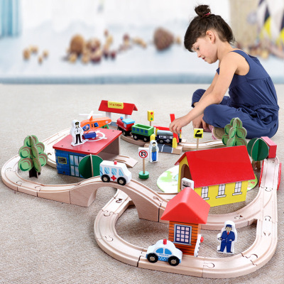 Uncle Xiaolin 70 Pieces Wooden Rail Car Traffic Cognition Fishing Early Childhood Educational Toys Building Blocks Assembled Track