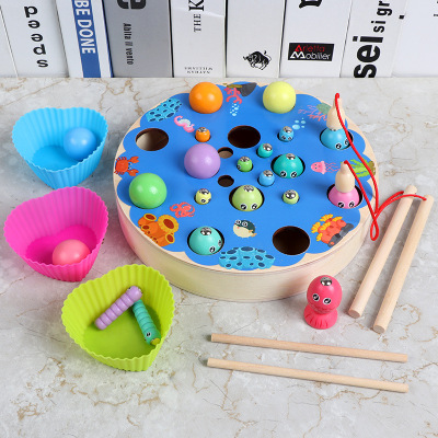 New Wooden Children's Magnetic Fishing Toy Bug Catching Game Clipping Beads Checkers Four-in-One Puzzle Multi-Function