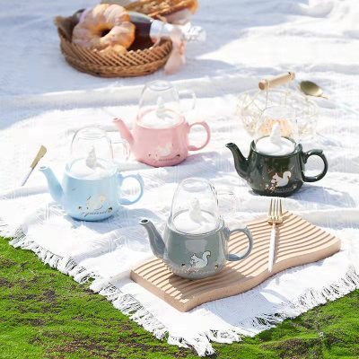 Creative Ceramic Kettle Glass Water Cup Combination Set Heat-Resistant High Temperature Resistant Afternoon Tea Fruit Scented Tea Making Pot Household