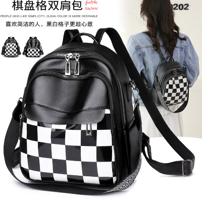 Women's Soft Leather Backpack New Fashionable Casual Small Travel Backpack Fashionable Chessboard Plaid Shoulder Bag