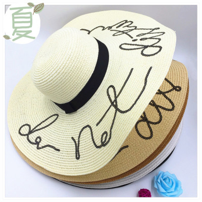White Embroidered Letter Straw Hat Summer Women's Big Brim Sun Hat Socialite Beach Seaside Vacation Hat Wholesale