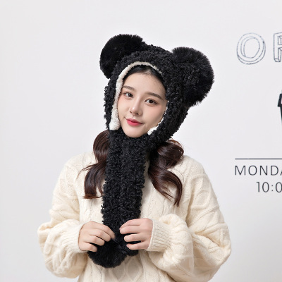 New Women's Hat Autumn and Winter Cute Mouse Ears Earmuffs Hat Scarf Gloves Warm One-Piece Plush Ushanka