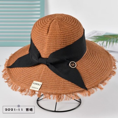 Korean Style Bowknot Broad-Brimmed Hat Lady Sun Protection Hat Knitted Hat Female Burr Breathable Sun Hat Outdoor Travel